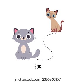 Little Cat Sit Far from Each Other as English Language Preposition for Educational Activity Vector Illustration