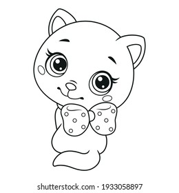 Little cat sitting and looking back coloring page for kids. Black and white outline illustration