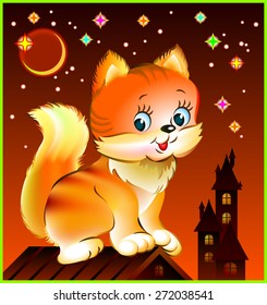 Little cat sitting on roof, vector cartoon image
