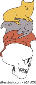 Little cat  are sleeping in skull. vector illustration. character design. . Cartoon hand drawn style