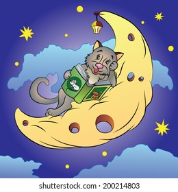 A little cat sleeps on a cloud near a moon on a background star sky.