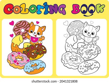 Little cat and sweets. Coloring book for kids.