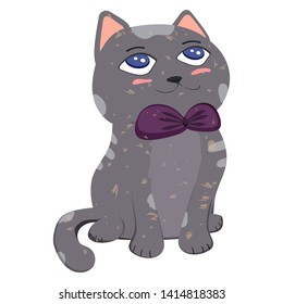 Little cat with tie bow. Cartoon character Illustration Vector