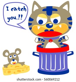 Little cat in trash can with mouse carrying cheese, vector cartoon illustration