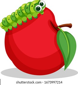 Little caterpillar crawling on red apple on white background illustration