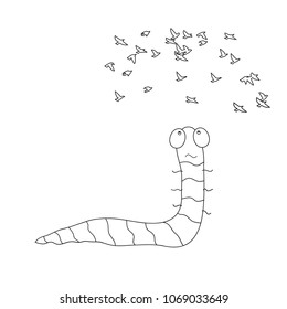 A little caterpillar looks after a flock of birds flying away.Funny cartoon story. Hand drawn vector illustration on a white background for coloring book