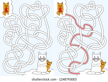 Little cats building a snowcat maze for kids with a solution