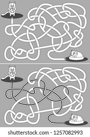 Little cats maze for kids with a solution in black and white