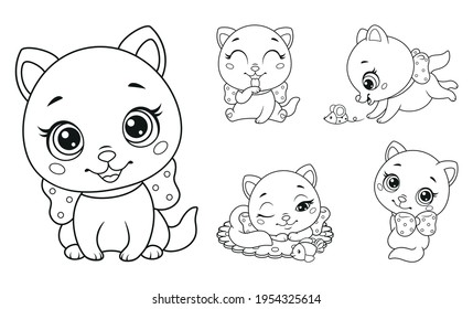 Little cats set coloring page for kids. Black and white outline vector illustration