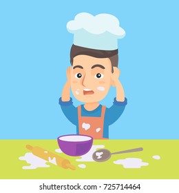 Little caucasian boy in apron and chef hat making big mess during cooking. Boy standing at the table and clutching head while looking at mess after cooking. Vector cartoon illustration. Square layout.