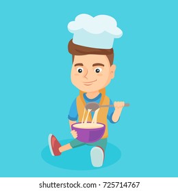 Little caucasian boy in chef hat making the dough in a bowl. Boy stirring the dough with a spoon. Boy sitting on the floor and kneading the dough. Vector cartoon illustration. Square layout.