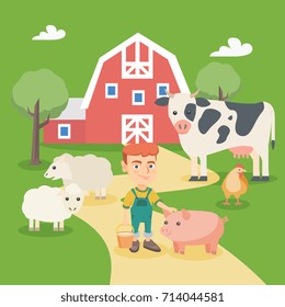 Little caucasian boy feeding farm animals. Smiling farm boy holding a bucket while standing with pig, sheep, cow and chicken in the farm. Vector sketch cartoon illustration. Square layout.