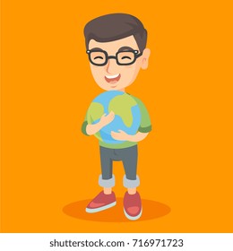 Little caucasian boy in glasses hugging with love the Earth planet. Happy smiling boy with the Earth planet. Concept of the Earth planet care. Vector cartoon illustration. Square layout.