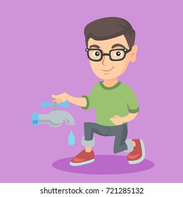 Little caucasian boy in glasses turning off the tap to save water. Smiling boy closing the faucet with water drop. Concept of water conservation. Vector cartoon illustration. Square layout.