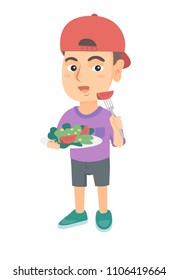 Little caucasian boy holding fork with tomato and plate with salad. Full length of cheerful boy eating vegetable salad. Vector sketch cartoon illustration isolated on white background.