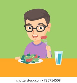 Little caucasian boy holding fork with tomato and sitting at the table with plate full of healthy vegetable salad. Cheerful boy eating vegetable salad. Vector cartoon illustration. Square layout.