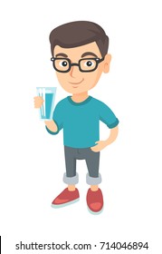 Little caucasian boy holding a glass of water in his hand. Smiling boy in glasses with water in a glass. Boy drinking water. Vector sketch cartoon illustration isolated on white background.