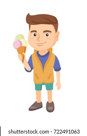 Little caucasian boy holding an ice cream cone. Cheerful boy eating a delicious ice cream cone. Vector sketch cartoon illustration isolated on white background.