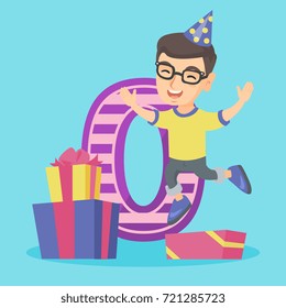 Little caucasian boy jumping next to the figure zero and gift boxes at the birthday party. Cheerful boy wearing party hat and celebrating his birthday. Vector cartoon illustration. Square layout.