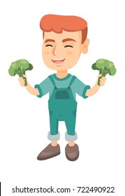 Little caucasian boy laughing and holding broccoli. Full length of smiling boy with broccoli in hands. Concept of healthy nutrition. Vector sketch cartoon illustration isolated on white background.
