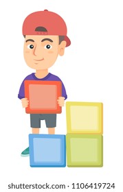 Little caucasian boy playing with clourful cubes and having fun. Smiling boy playing with toy building cubes. Vector sketch cartoon illustration isolated on white background.