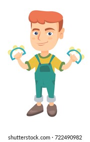 Little caucasian boy playing the tambourine. Full length of happy boy with two tambourines in hands. Vector sketch cartoon illustration isolated on white background.