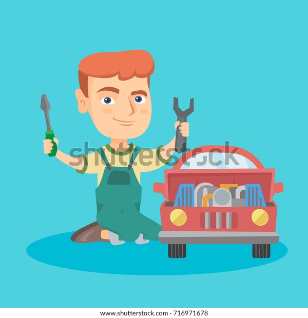 Little caucasian boy repairing a toy car with\
screwdriver and wrench. Happy boy sitting near toy car and holding\
screwdriver and wrench in hands. Vector sketch cartoon\
illustration. Square\
layout.