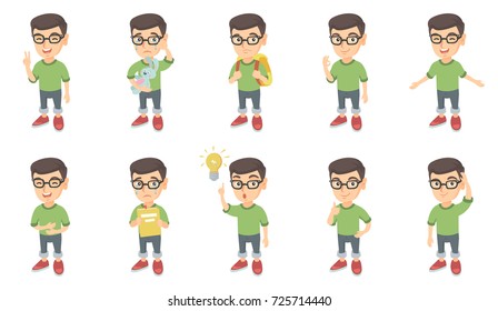 Little caucasian boy set. Boy in glasses showing victory gesture, ok sign, crying, pointing finger at bulb, giving thumb up. Set of vector sketch cartoon illustrations isolated on white background.