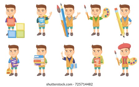 Little caucasian boy set. Boy playing with building cubes, holding palette with watercolors, brush, pointing forefinger up. Set of vector sketch cartoon illustrations isolated on white background.