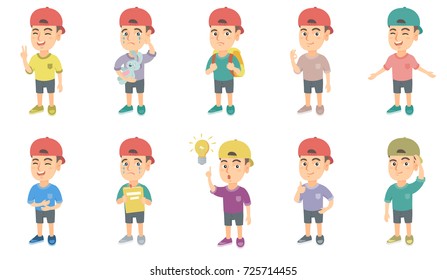 Little caucasian boy set. Boy showing victory gesture, ok sign, crying, pointing finger at lightbulb, giving thumb up, crying. Set of vector sketch cartoon illustrations isolated on white background.