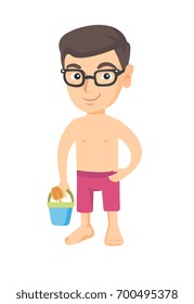 Little caucasian boy in shorts holding pail and shovel. Smiling boy in glasses playing with pail for sand and small shovel. Vector sketch cartoon illustration isolated on white background.