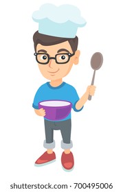 Little caucasian boy wearing chef hat and holding a saucepan and a kitchen spoon. Smiling boy in glasses with a saucepan and a spoon. Vector sketch cartoon illustration isolated on white background.
