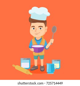 Little caucasian boy wearing chef hat and holding a saucepan and a kitchen spoon. Boy with a saucepan and a spoon standing near rolling pin and kitchenware. Vector cartoon illustration. Square layout.