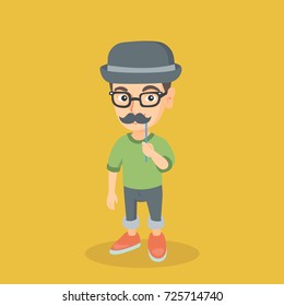 Little caucasian boy wearing hat bowler and holding fake moustache on a stick in front of his face. Boy in hat bowler, glasses and fake mustache. Vector cartoon illustration. Square layout.