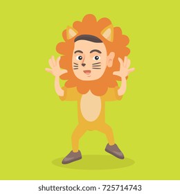 Little caucasian boy wearing a lion costume and trying to threaten like a lion. Boy in a carnaval costume acting like a lion. Vector cartoon illustration. Square layout.