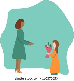 little caucasian girl gives bouquet of flowers to African american women. vector Concept adopted motherhood, International Women's Day, mothers Day, teacher's Day.