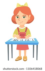 Little caucasian girl playing the piano. Full length of smiling girl standing near the piano. Vector sketch cartoon illustration isolated on white background.