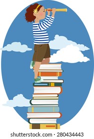 Little Caucasian girl in a sailor's shirt standing on a pile of books, looking through a telescope, vector illustration, no transparencies, EPS 8