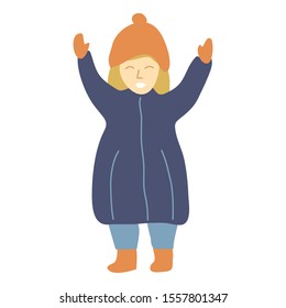 Little caucasian girl with a smile on her face and hands raised in happy emotion. Child wearing warm clothes. Flat vector illustration isolated on white