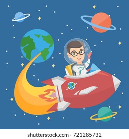 Little caucasian happy smiling boy wearing space suit and riding a spaceship. Cheerful boy in space helmet traveling in a spaceship and waving his hand. Vector cartoon illustration. Square layout.