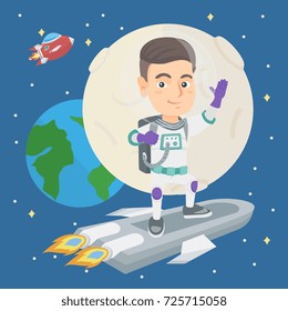 Little caucasian happy smiling boy wearing space suit and riding a space rocket. Cheerful boy in space helmet standing on a space rocket and waving hand. Vector cartoon illustration. Square layout.