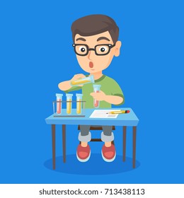 Little caucasian kid carrying out laboratory experiment. Surprised kid working with laboratory equipment with chemical liquid and taking some notes. Vector sketch cartoon illustration. Square layout.