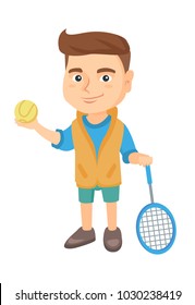 Little caucasian tennis player holding a tennis racket and a ball. Smiling boy while a tennis racket and a ball. Boy playing tennis. Vector sketch cartoon illustration isolated on white background.