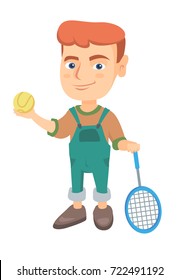 Little caucasian tennis player holding a tennis racket and a ball. Smiling boy while a tennis racket and a ball. Boy playing tennis. Vector sketch cartoon illustration isolated on white background.