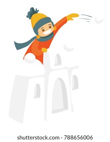 Little caucasian white boy in winter clothes having fun in snow castle and playing snowball fight. Concept of outdoor winter leisure activity. Vector cartoon illustration isolated on white background.