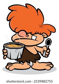 Homem de Little Cave personagens de desenhos animados, comendo sopa quente com pedras colher e tigela. Melhor para adesivo, logotipo e mascote com temas de comida saudável para crianças