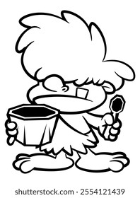 Little Cave man cartoon characters, eating hot soup with stones spoon and bowl. Best for coloring book, logo, and outline with healthy food themes for kids