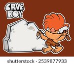 Little caveman cartoon characters, Carving an epigraph with stone hammer and chisel. Best for sticker, logo, and mascot with prehistoric themes for kids