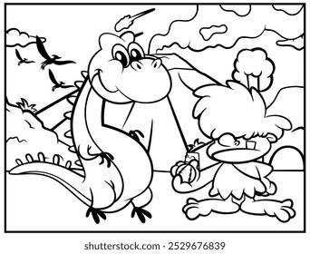 Personagens de desenhos animados de pequeno homem das cavernas jogando bola de pega com dinossauro como animais de estimação, Com fundo vulcão antigo. Melhor para colorir livro com temas dinossauros para crianças
