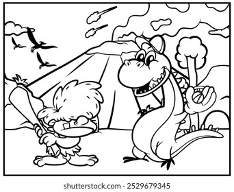 Little caveman cartoon characters playing baseball with dinosaur was wearing baseball cap and gloves, With ancient volcano background. Best for coloring book with dinosaurs themes for kids